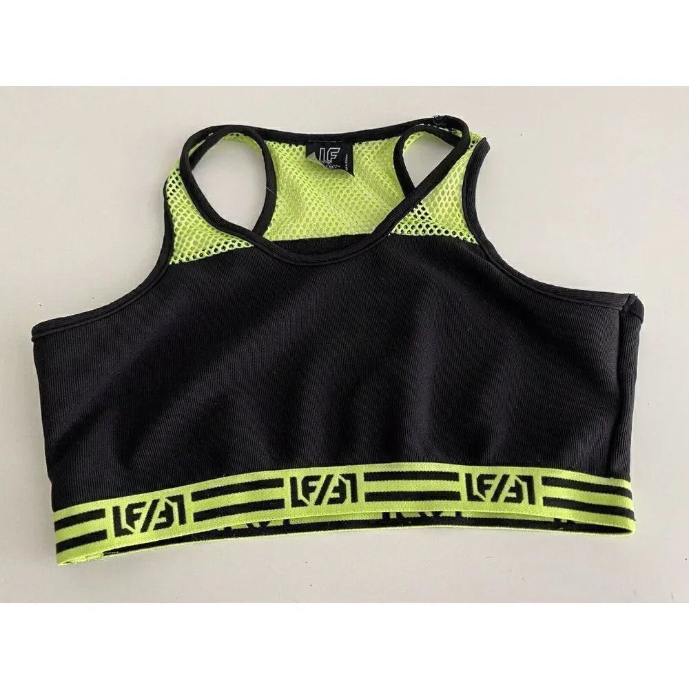 LF Sport Crop Top Sports Bra Mesh Boxing Black Neon Yellow Logo Size M Check Pic